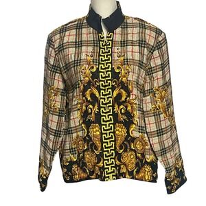 Vintage Baroque Plaid Ornate Print Bomber Jacket Women's Large
